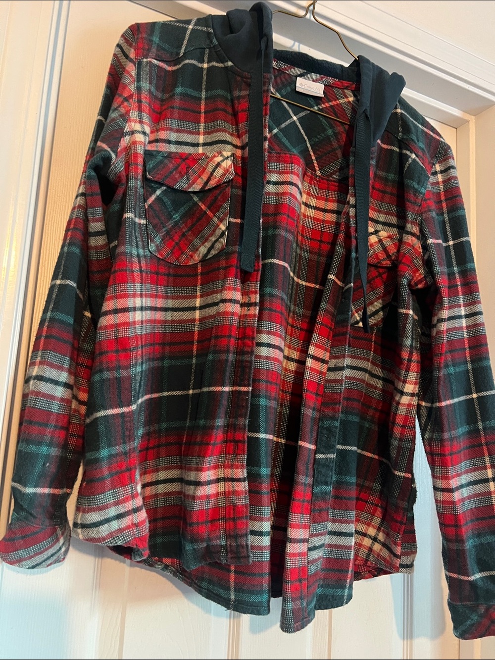 Columbia Red, Green Plaid Hooded Flannel Shirt
